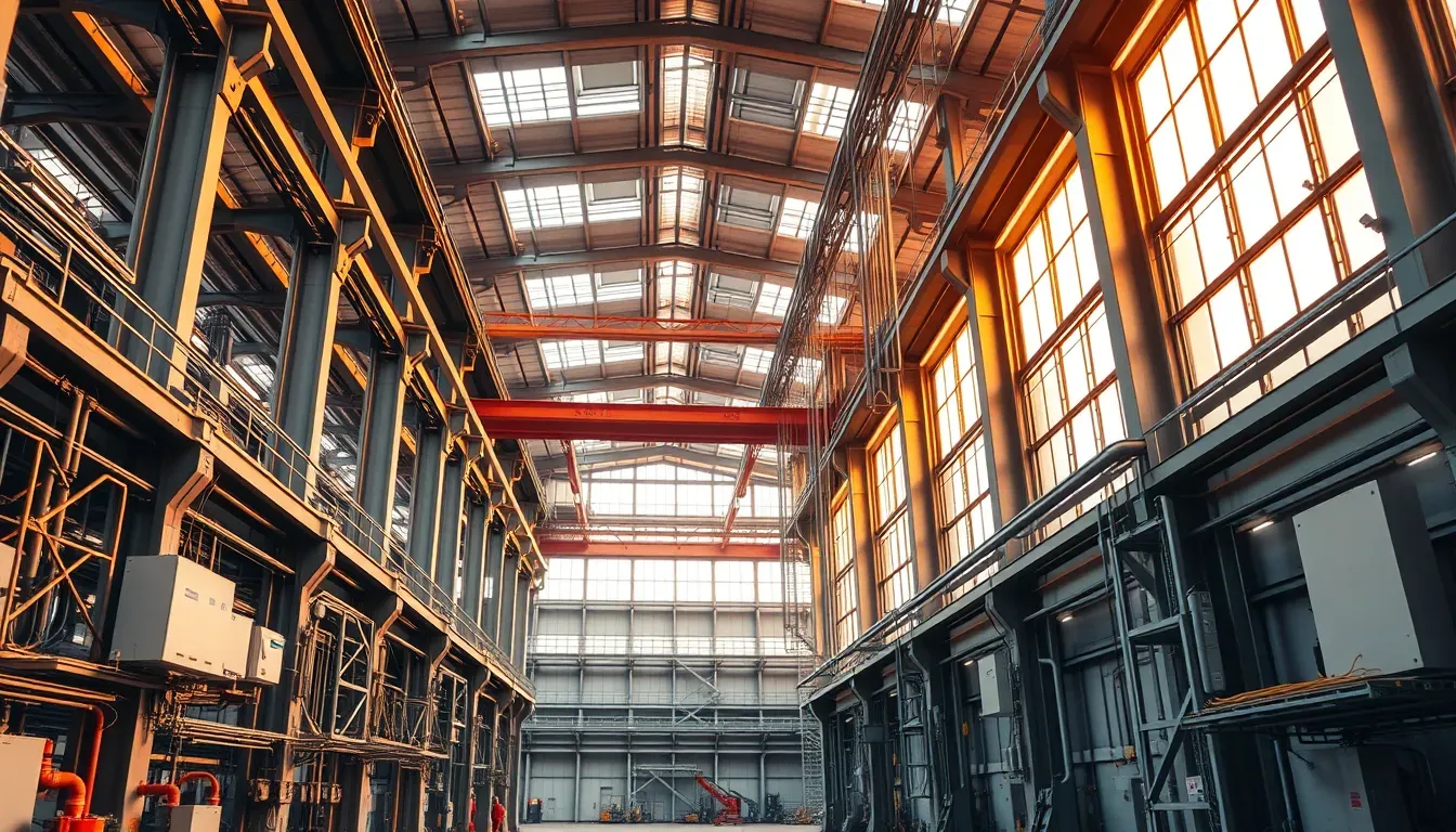 Inside a large industrial plant with steel structure and an overhead crane