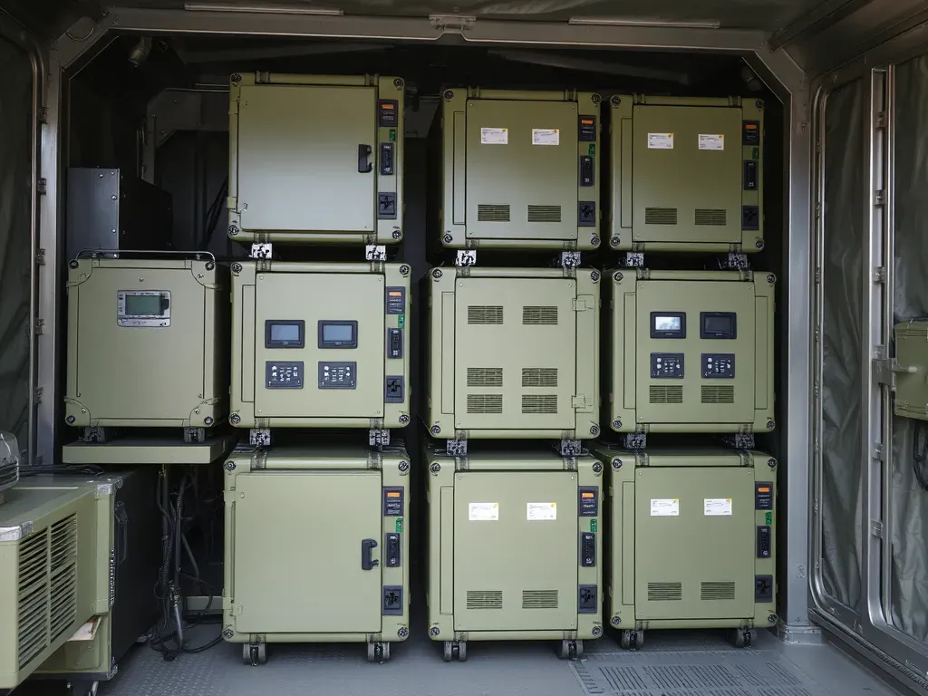 Ruggedised power units stacked in a field shelter